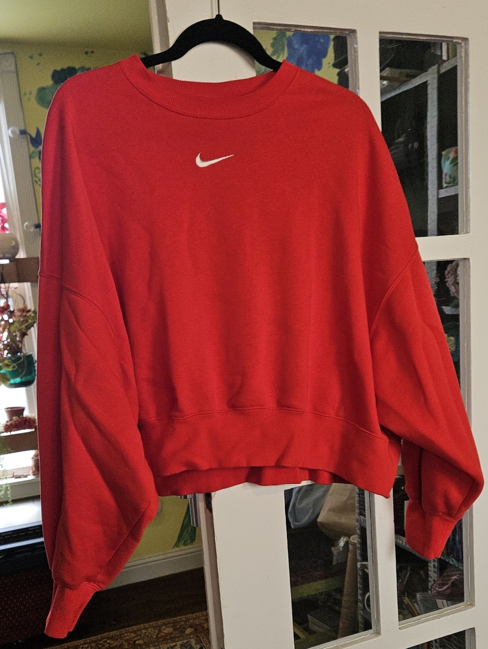 Nike Cropped Red Crewneck Sweatshirt with White Swoosh